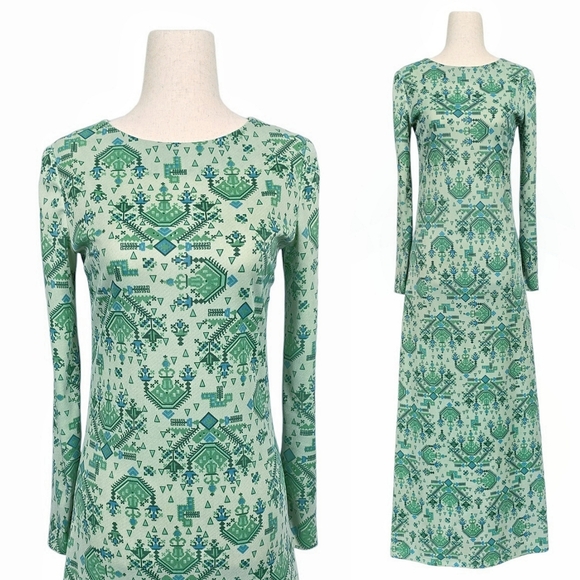 1960s Vintage Dress 60s Maxi Hippie Green Blue Long Sleeve XS Novelty Print Boho - Picture 1 of 6